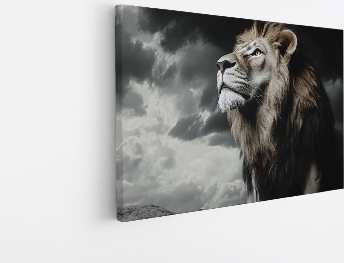 Saammp Canvas Schilderij - Leeuw met storm - Dieren - Natuur - 70x50 - Foto op canvas - Wanddecoratie - Muurdecoratie Woonkamer - Slaapkamer decoratie - Canvas Print Multicolor