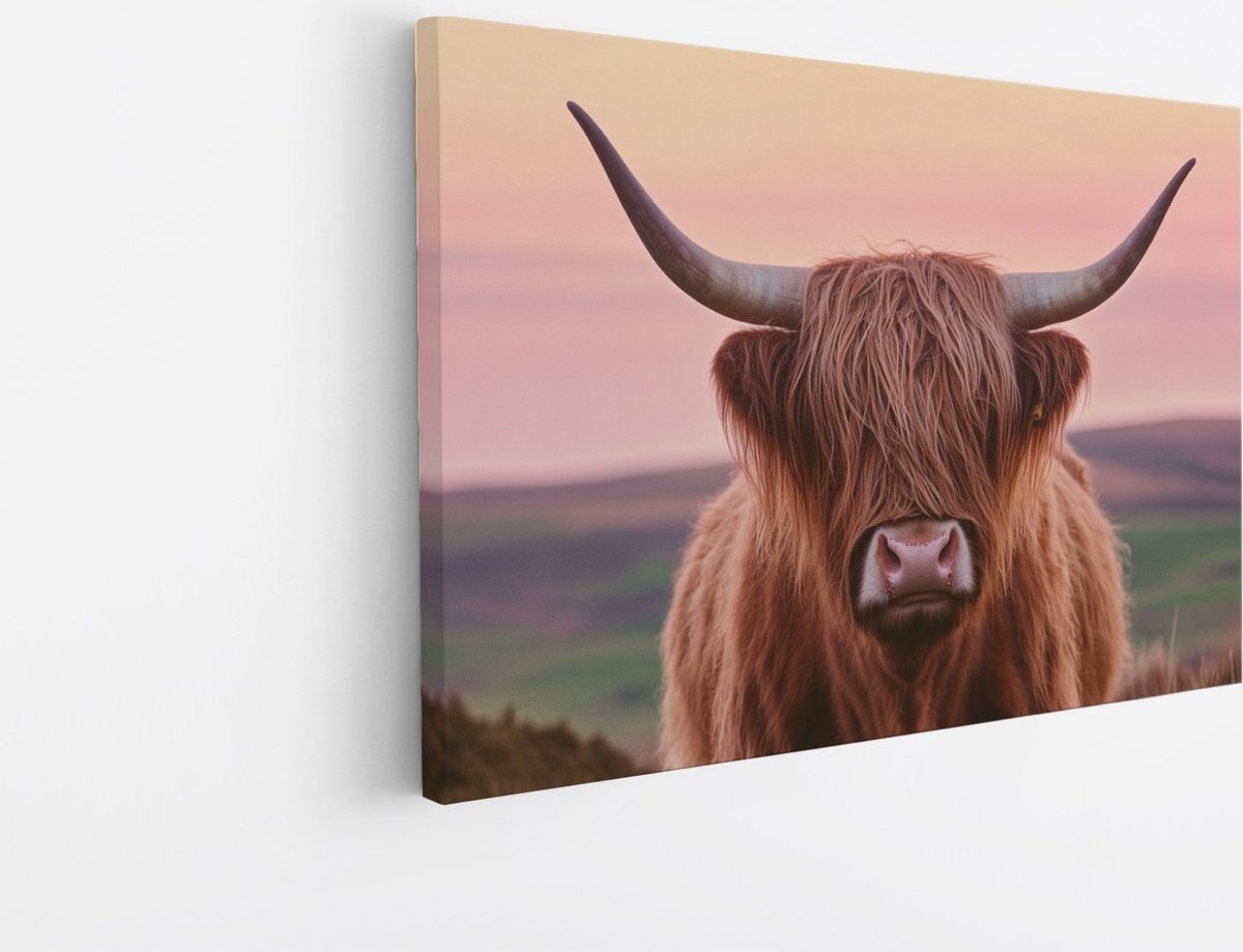 Saammp Canvas Schilderij - Schotse Hooglander Koe - Zonsondergang - Dieren - Natuur - 45x30 - Foto op canvas - Wanddecoratie - muurdecoratie Woonkamer - Slaapkamer decoratie - Canvas Print Multicolor