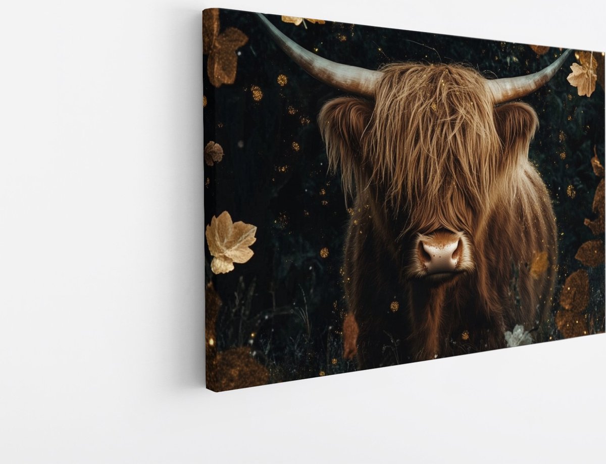 Saammp Canvas Schilderij - Schotse Hooglander Koe - Abstract - Bladeren - Dieren - Natuur - 45x30 - Foto op canvas - Wanddecoratie - muurdecoratie Woonkamer - Slaapkamer decoratie - Canvas Print Multicolor