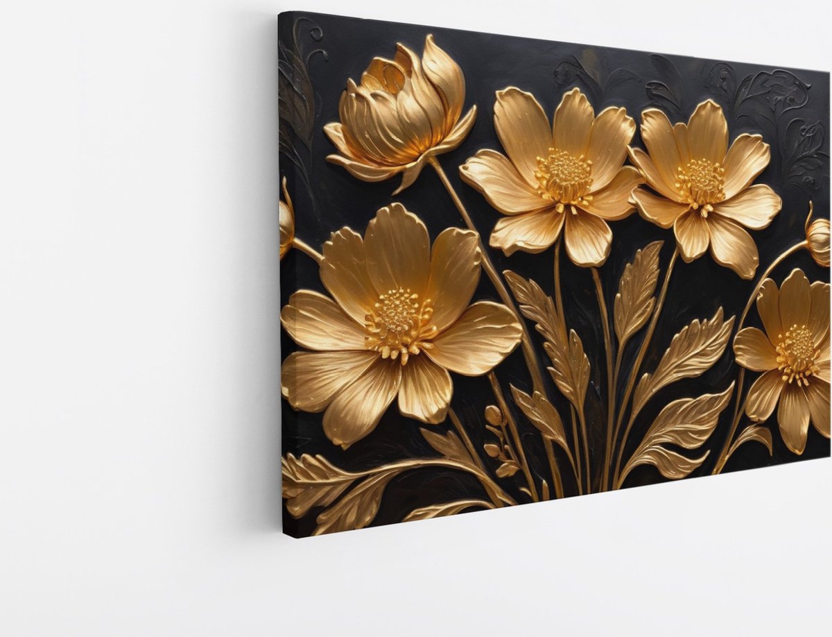 Saammp Canvas Schilderij - goud - Bloemen - Zwart - Abstract - 90x60 - Foto op canvas - Wanddecoratie - Muurdecoratie Woonkamer - Kantoor Decoratie Multicolor