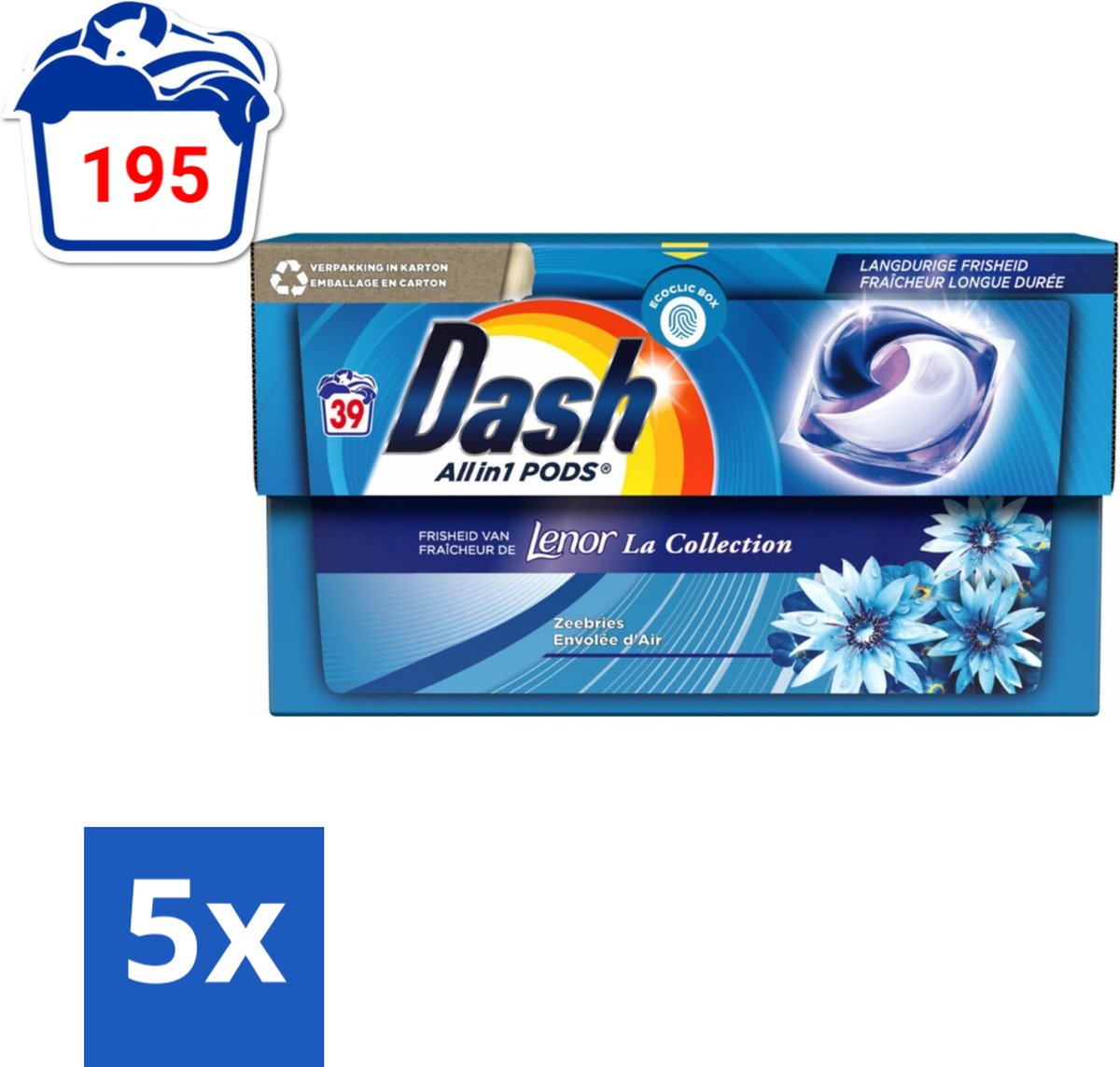5 x Dash - Lenor Collectie - Wasmiddel Capsules - All-in-1 Pods - Witte en Gekleurde Was - 39 Wasbeurten - Wasmiddel Capsules - Frisheid - Zeebries Geur - Wasmachine - Wasbeurten