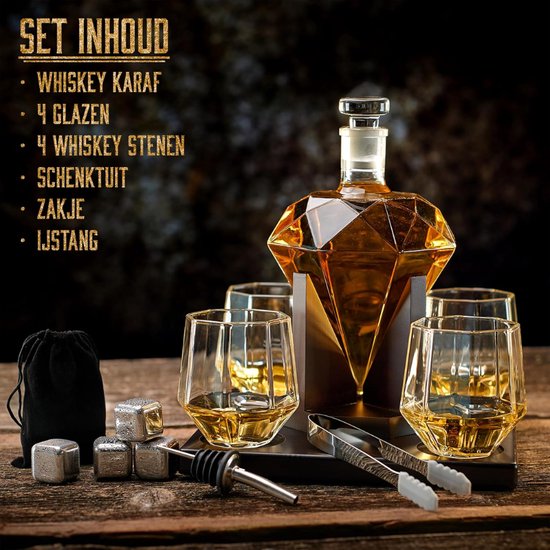 Whisky Gift Set - Whisky Glass Set of 2, Stones, Coasters and Wooden Box - Birthday Gifts for