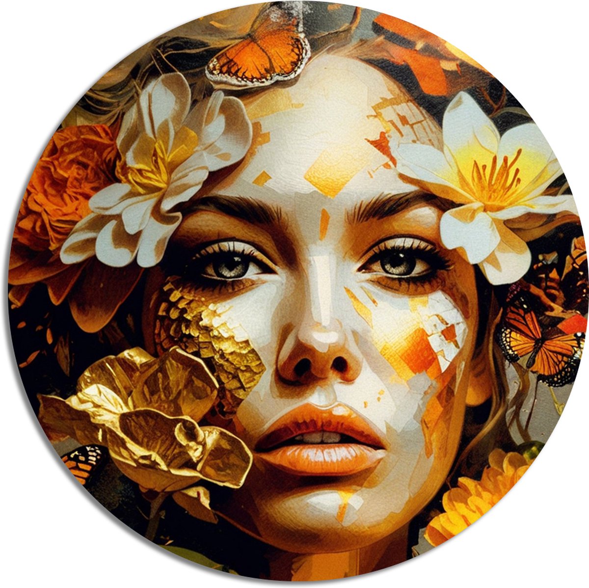 Muurcirkel Vlinderkoningin - 40 x 40 cm - Natuur & Elegantie - Vrouw - Inclusief bevestiging - Aluminium - Wandcirkel - Voor binnen en buiten - Woonkamer - Metalen wanddecoratie - Muurdecoratie - Rond schilderij