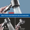 Grijze handdouchekop met stopknop. Toont de 'waterstop zelfschakelende' functie.