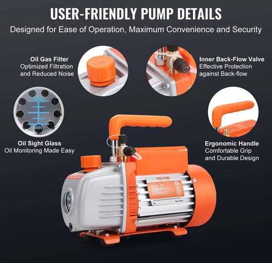 Vacuümpomp - Airco Vacuümpomp - Airco Vacuüm Vul Pomp - Airco Pomp - Met Accessoires - Met Opbergtas - 150W - 1440Rpm - 40 Micron - 3.5CFM - 120V van VONROC — afbeelding 4