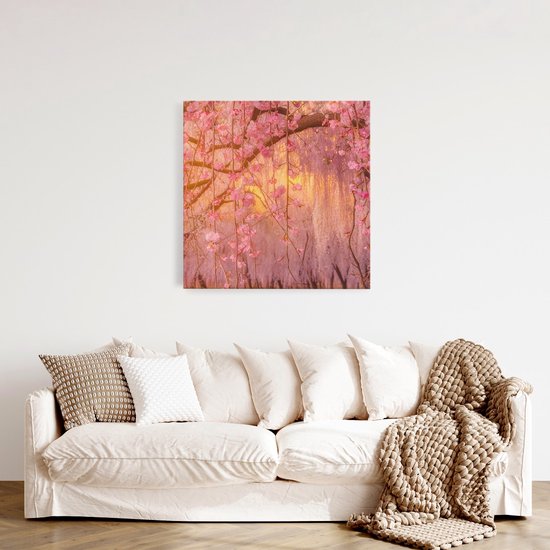 Saammp Canvas Schilderij - Roze bloesem met zonsondergang - Natuur - Landschap - 30x30 - Foto op canvas - Wanddecoratie - Muurdecoratie Woonkamer - Slaapkamer decoratie - Canvas Print