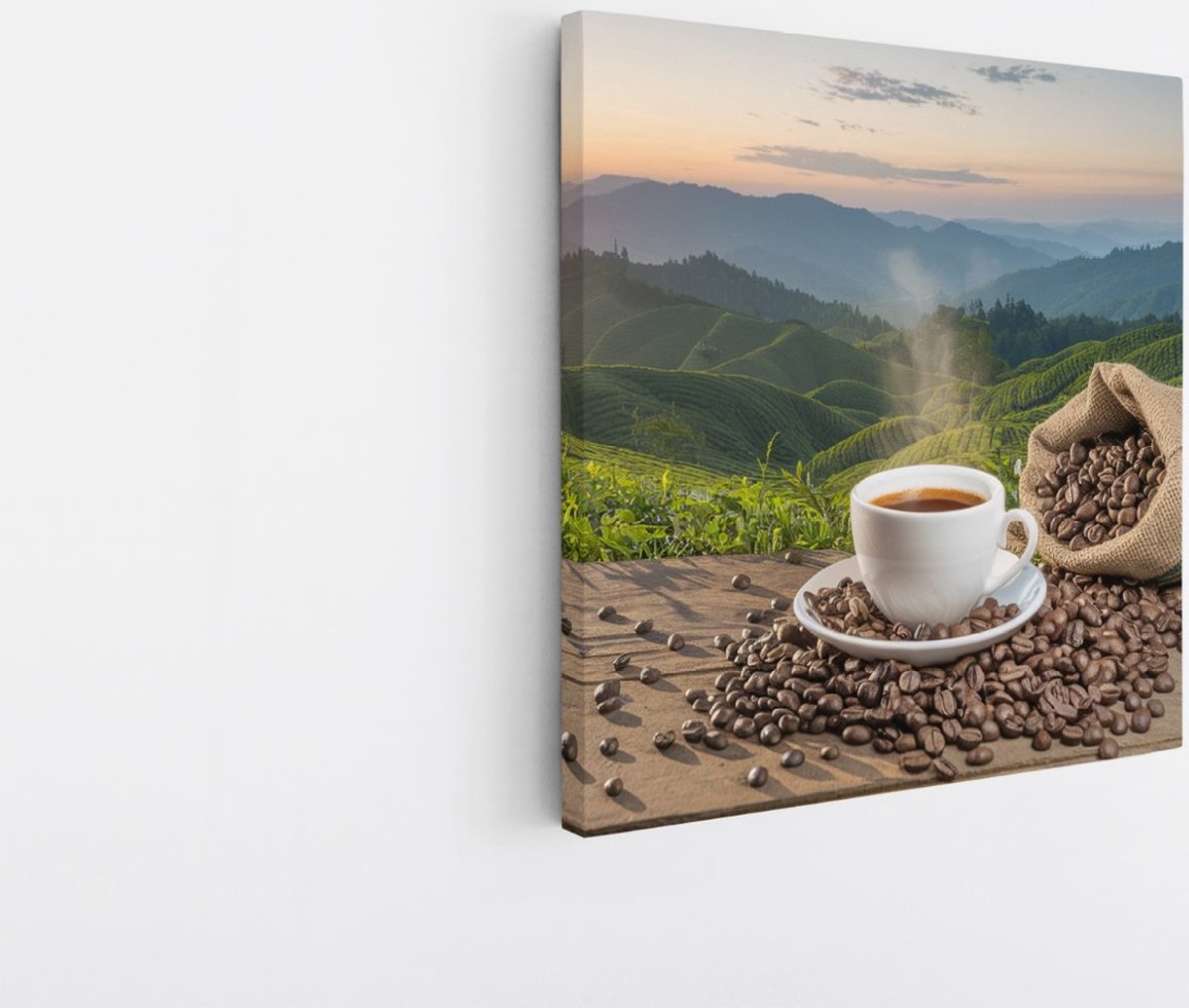 Saammp Canvas Schilderij - Kopje Koffie - Bonen - Landschap - 60x60 - Foto op canvas - Wanddecoratie - Muurdecoratie keuken - Slaapkamer decoratie - Canvas Print Multicolor