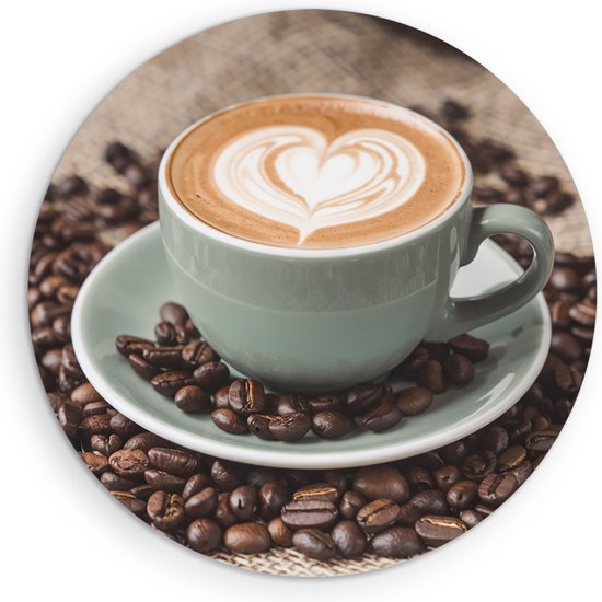 Saammp Forex Muurcirkel - Kopje Koffie- Capuccino - Ø 50 - Wandcirkel - Wanddecoratie Cirkel - Muurdecoratie keuken - Slaapkamer decoratie - Rond Schilderij