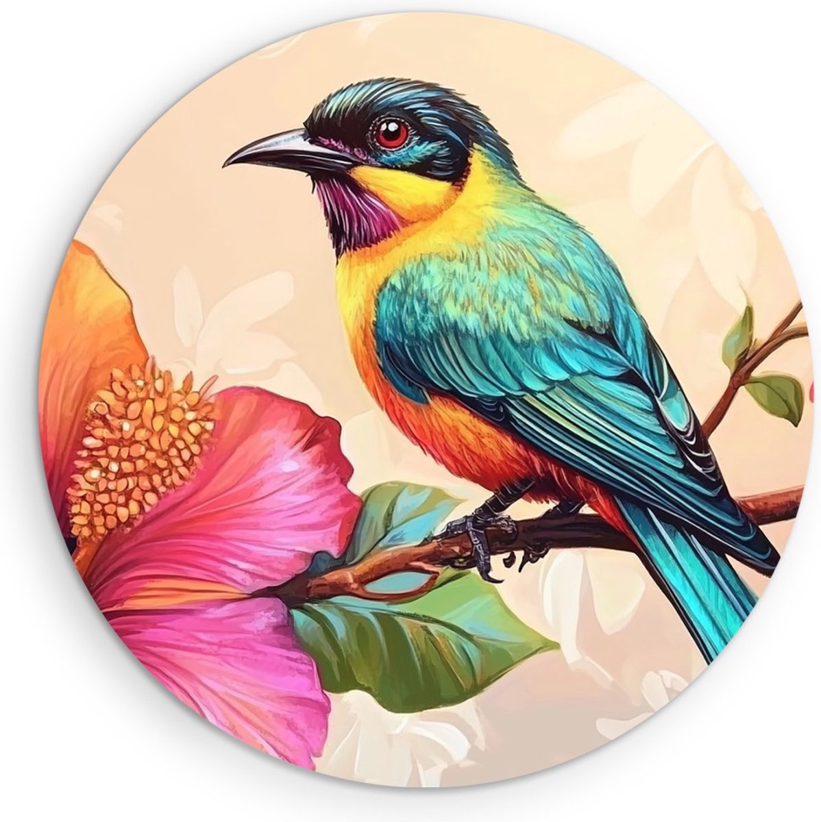 Saammp Forex Muurcirkel - Vogel op tak met bloem - Natuur - Abstract - Ø 50 - Wandcirkel - Wanddecoratie Cirkel - Muurdecoratie Woonkamer - Woonkamer Decoratie