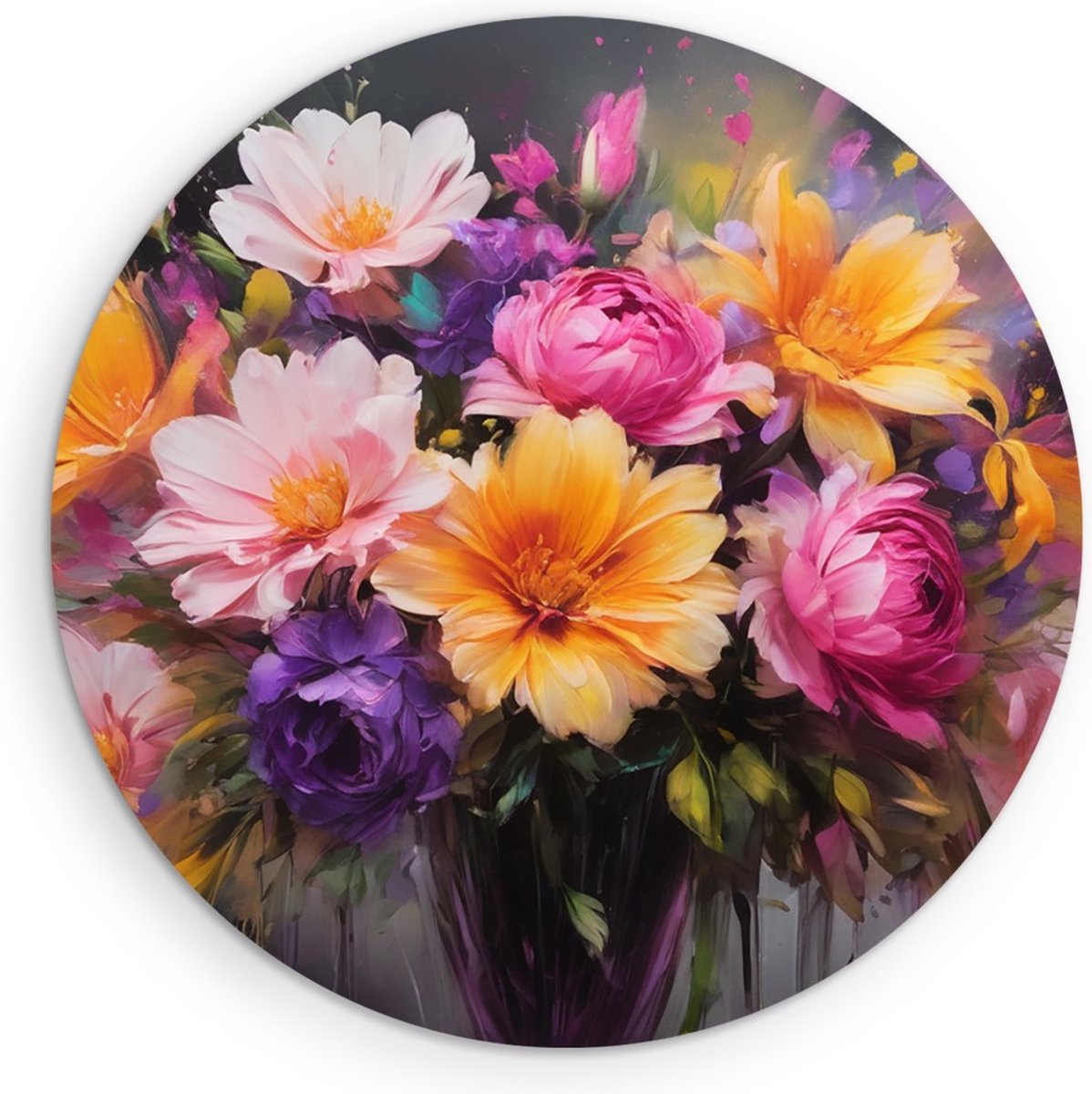 Saammp Muurcirkel Hout - Expressieve Bloemen - Kleurrijk- Natuur - Abstract - Ø 40 - Wandcirkel - Wanddecoratie Cirkel - Muurdecoratie Woonkamer - Kantoor Decoratie