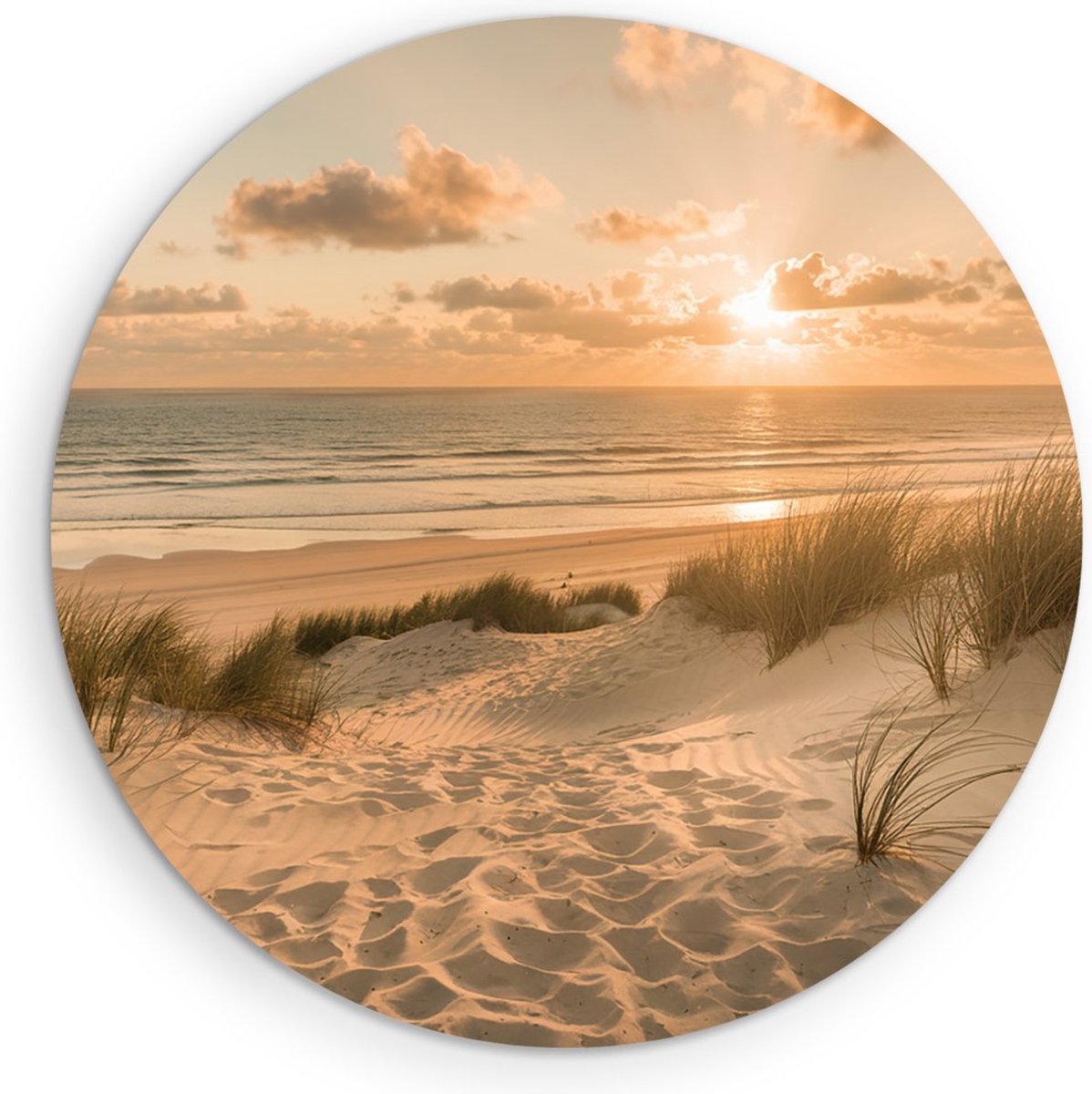 Saammp Forex Muurcirkel - Golden Hour op het Strand - Duinen - Ø 60 - Wandcirkel - Wanddecoratie Cirkel - muurdecoratie Woonkamer - Slaapkamer decoratie - Rond Schilderij
