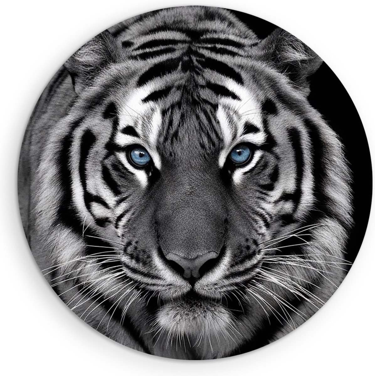 Saammp Forex Muurcirkel - Tijger met blauwe ogen- Natuur - Dieren - Zwart-Wit - Ø 80 - Wandcirkel - Wanddecoratie Cirkel - muurdecoratie Woonkamer - Slaapkamer decoratie - Rond Schilderij