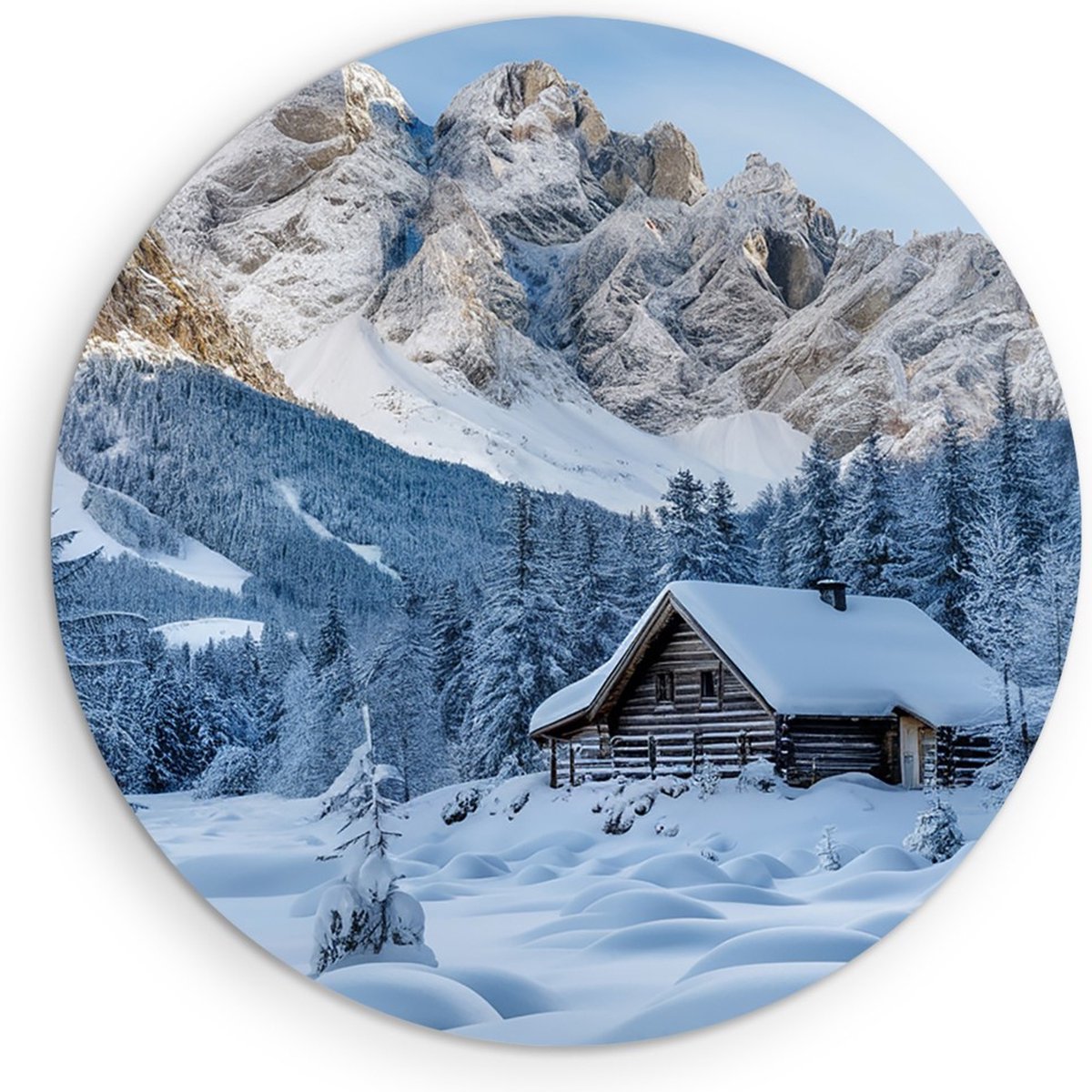 Saammp Muurcirkel Hout -Besneeuwd Huis - Landschap - Natuur - Ø 40 - Wandcirkel - Wanddecoratie Cirkel - Muurdecoratie Woonkamer - Slaapkamer decoratie - Rond Schilderij