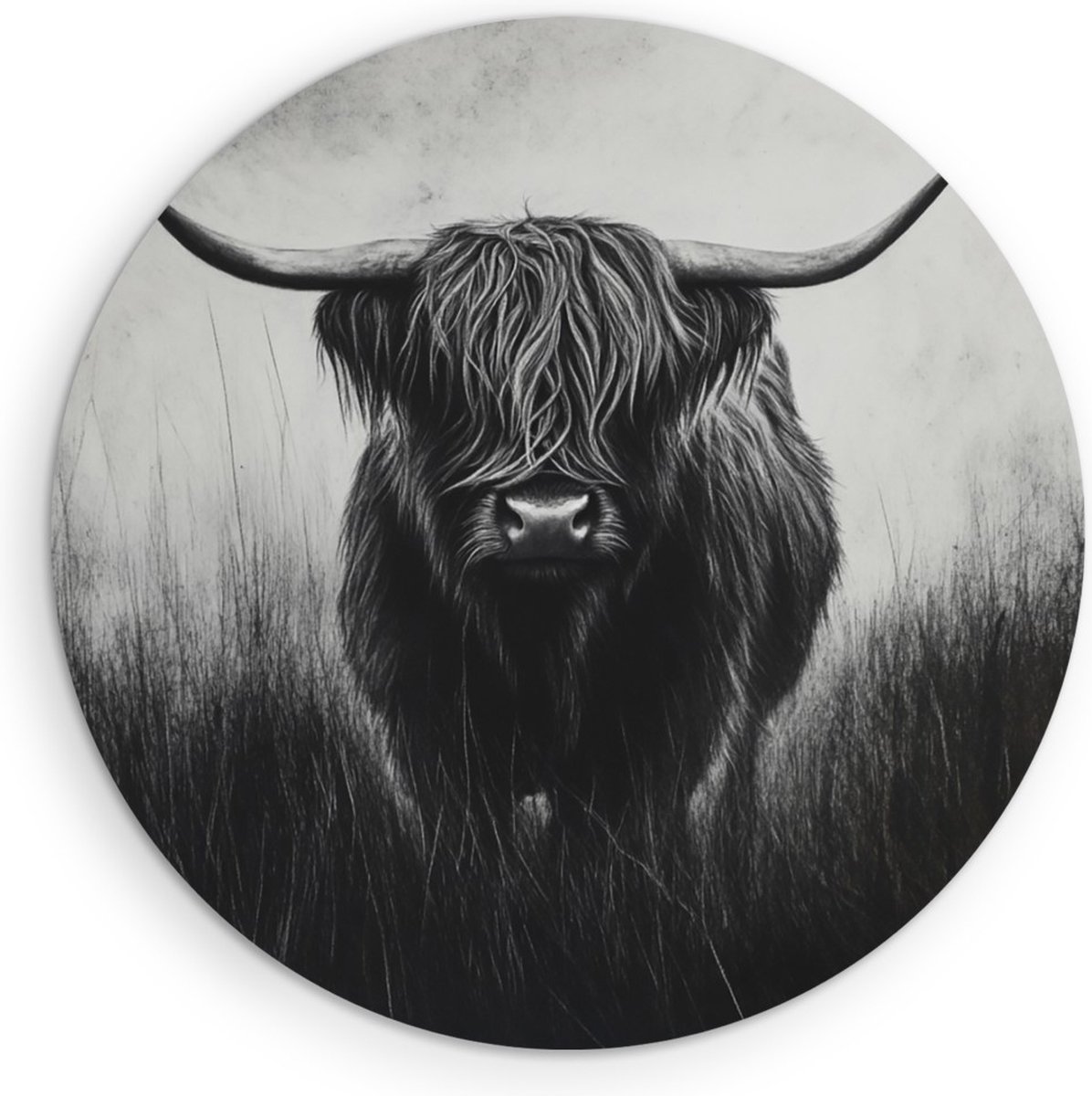 Saammp Forex Muurcirkel - Schotse Hooglander Koe - Zwart-Wit - Dieren - Natuur - Ø 90 - Wandcirkel - Wanddecoratie Cirkel - muurdecoratie Woonkamer - Slaapkamer decoratie - Rond Schilderij