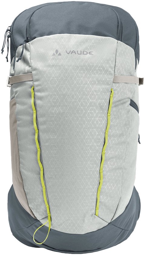 Grijze Vaude rugzak met lichtgrijs voorpaneel met geometrisch patroon en gele accenten.