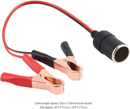 Auto Sigarettenaansteker Adapter – 12-24V, Vrouwelijke Aansluiting Naar Krokodillenklemmen, Kabel 35 Cm