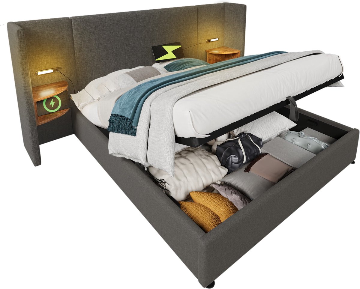 Merax Gestoffeerd Bed 180x200 cm met Nachtkastje en Leeslamp – Tweepersoonsbed met USB-C e