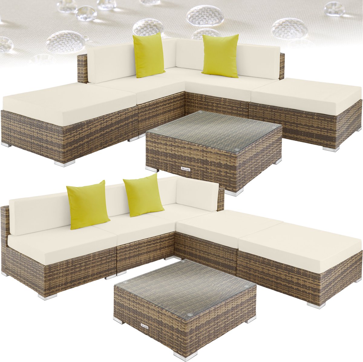 tectake® Wicker loungeset - Modulaire elementen - Voor 5 personen - Loungebank met zit- en rugkussens en sierkussens - Inclusief tafel met glazen plaat - Weerbestendig - Afmeting tafel (LxBxH) 70 x 70 x 26 cm - Natuur