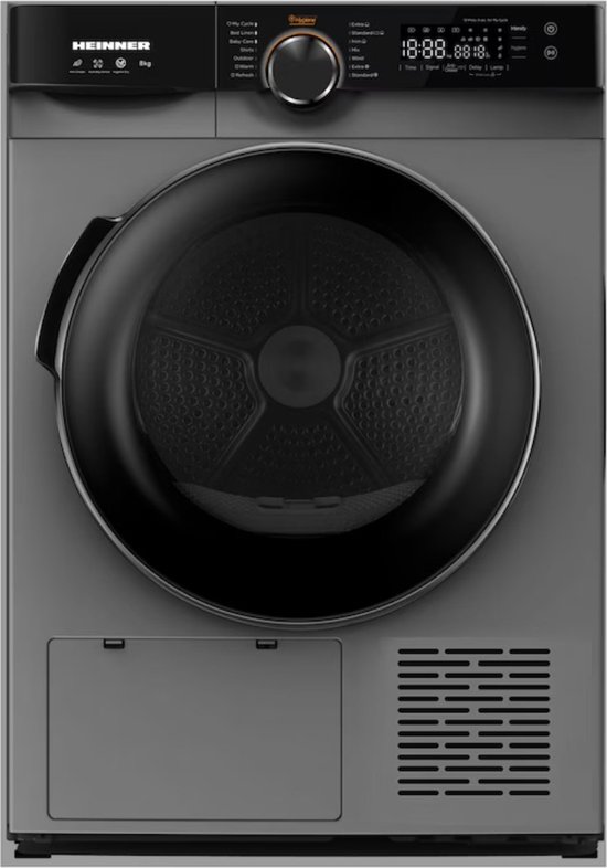 Sèche-linge à pompe à chaleur Heinner - 8 KG - Sèche-linge avec étiquette énergétique A++ - 14 programmes - Fonction anti-froissage - Affichage LED - Éclairage du tambour - Anthracite