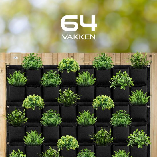 Verticale tuin met 64 plantenzakken voor buiten en binnen – Hangende plantenzak – Plantenmuur – 100 x 100 cm - Zwart