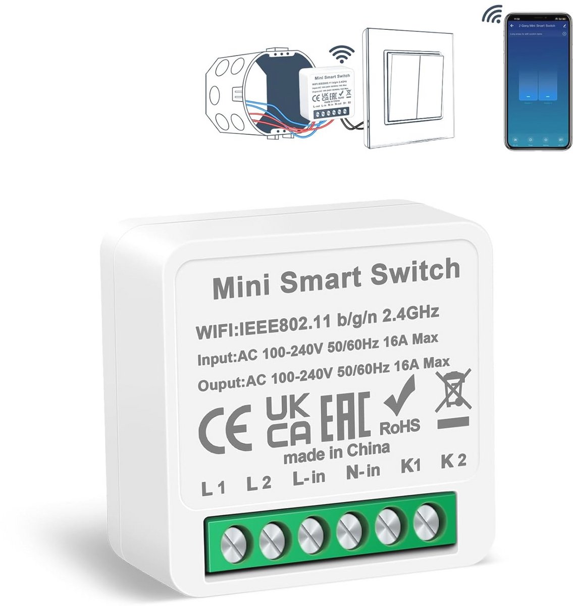 Slimme Wifi Lichtschakelaar - Mini DIY Relaismodule voor Traditionele Schakelaars, Spraakbediening met Alexa en Google Assistant, Neutrale Geleider Vereist