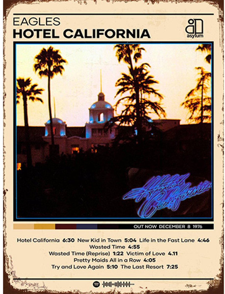 Signs-USA Concert Sign - metaal - The Eagles - Hotel California - 20 x 30 cm Multi-coloured