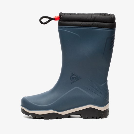 Blauwe Dunlop kinderlaars, zijaanzicht, met zwarte voering en rode veterstopper.