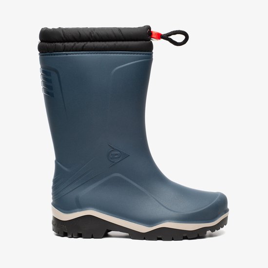 Blauwe Dunlop kinderlaars, zijaanzicht, met zwarte voering en rode veterstopper.