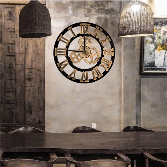 FLEXISTYLE Wandklok groot vintage retro XXL 80 cm diameter metaal industrieel zwart wit goud (zwart