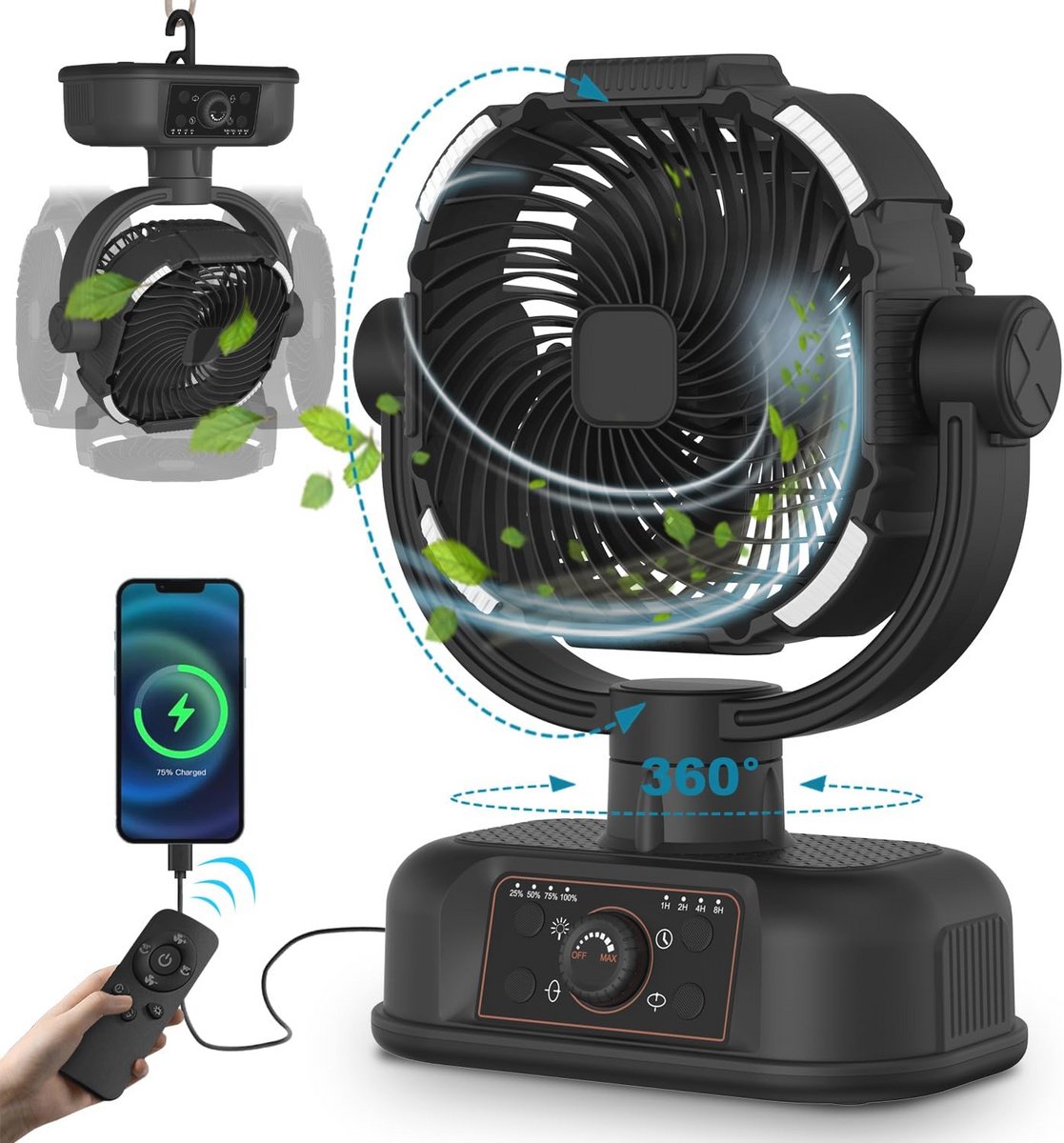 Draagbare 3D Oscillerende Campingventilator met LED-Licht en Oplaadbare Batterij - Ideaal voor Buitenavonturen