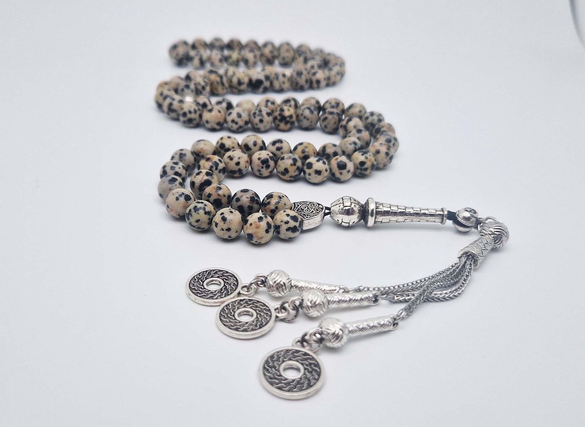 Handgemaakte tesbih "Tasbih" natuursteen " Jasper Dalmatin" - Aantal kralen 99 - Diameter kralen 8MM - met metaal tassel "Omarmen" - Een mooi cadeau-idee