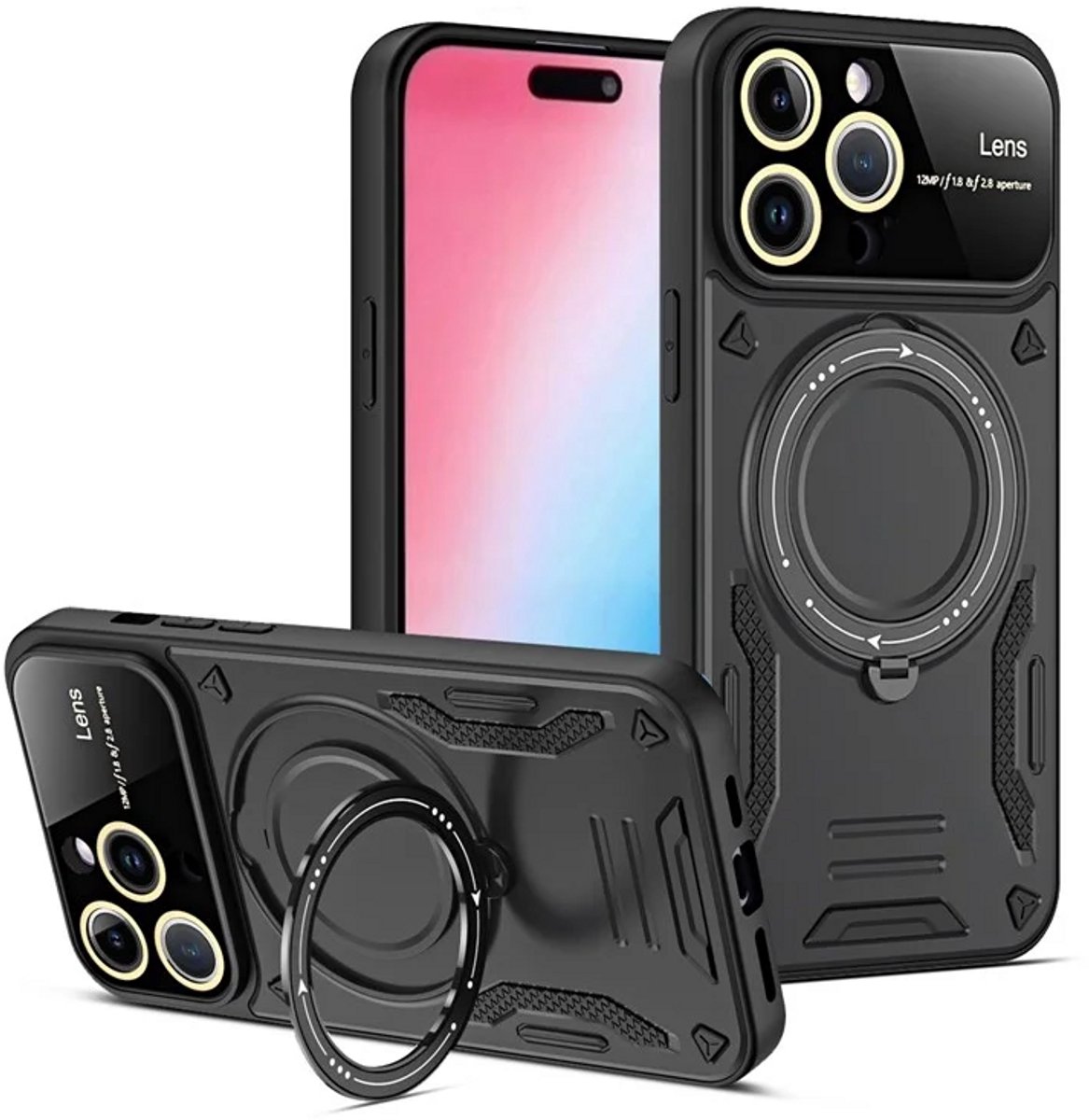 Cityhoesje - iPhone 15 Pro Max - Magnetic - Ring Holder Kickstand - Protective – Backcase - Zwart