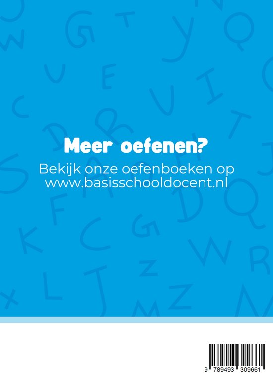 Blauwe achtergrond met letters, tekst 'Meer oefenen? Bekijk onze oefenboeken op www.basisschooldocent.nl'.
