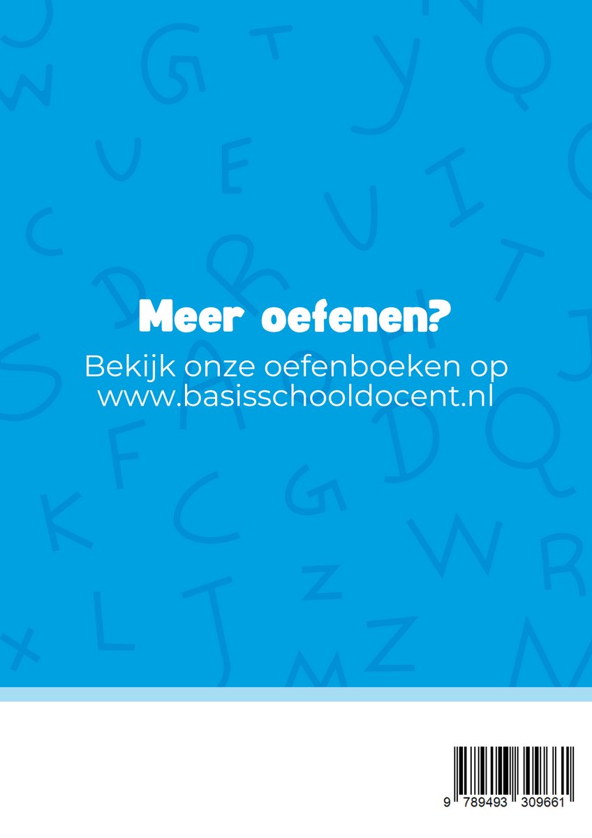 Blauwe achtergrond met letters, tekst 'Meer oefenen? Bekijk onze oefenboeken op www.basisschooldocent.nl'.