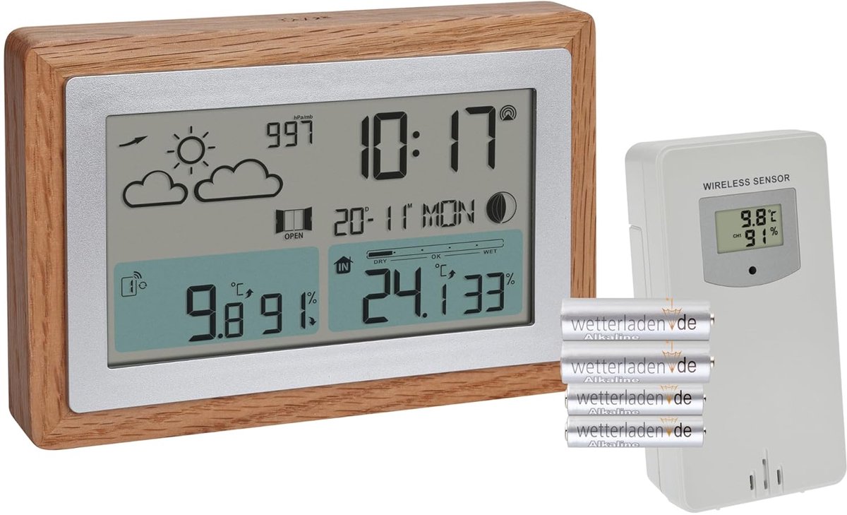 Draadloos Weerstation met Buitensensor en Houten Frame – Digitale Temperatuur en Luchtvochtigheid Weergave, Wekker met Snooze-functie, Weersvoorspelling met Ventilatie-aanbeveling