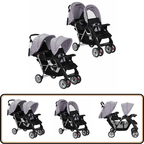 vidaXL Kinderwagen Dubbel - Grijs/Zwart - Inklapbaar Dubbele - vidaXL - €226,95