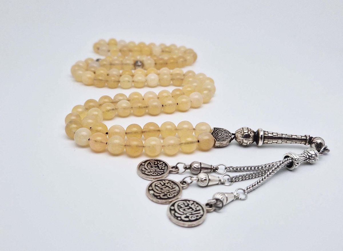 Handgemaakte tesbih "Tasbih" natuursteen " Calciet geel " - Aantal kralen 99 - Diameter kralen 8MM - met metaal tassel "Qul aeuidh biallah" - Een mooi cadeau-idee