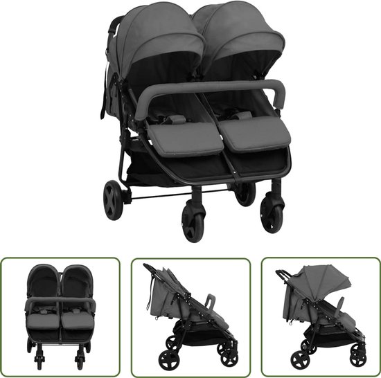 vidaXL Kinderwagen - Tweelingbuggy - Tweelingbuggy staal donkergrijs en zwart - Buggies - Wandelwagen - Duo Buggy