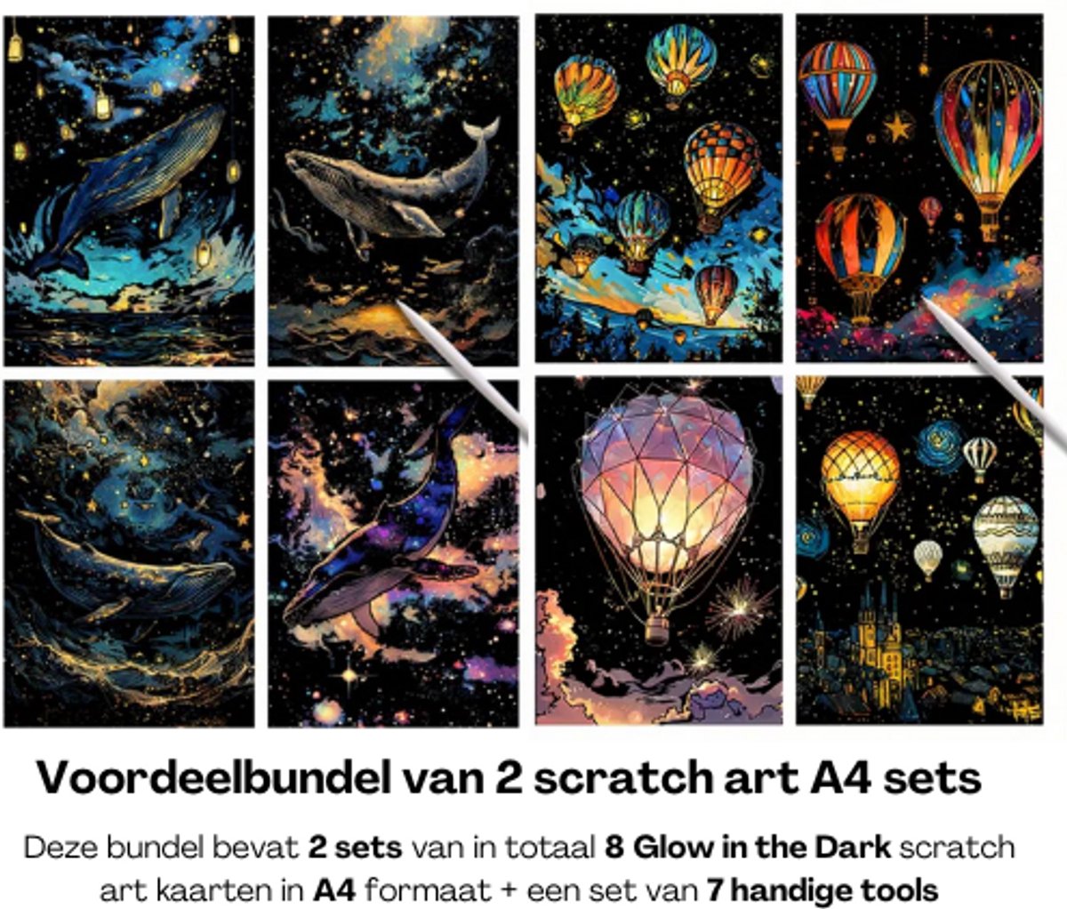 Voordeelbundel Glow in the Dark 8x A4 | 2 Sets in 1 | Magic Kras Tekeningen Kraskaarten Krasfolie Kraskaart | Scratch Art Kinderen en Volwassenen | Knutselen Tekenen | Painting Schilderen op Nummer Diamond Painting | Knutselpakket Tekenpakket — afbeelding 2