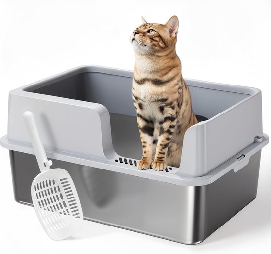 Gimars Roestvrijstalen kattenbak met kattenbakpedaal, donkergrijs, A