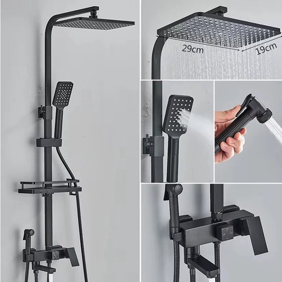 Auralum Douche-armatuur, complete set, roestvrijstalen douchesysteem met thermostaatkraan, 25 x 25 cm regendouche, 3 straalmodi, douchekop en in hoogte verstelbare douchestang (zwarte cirkel