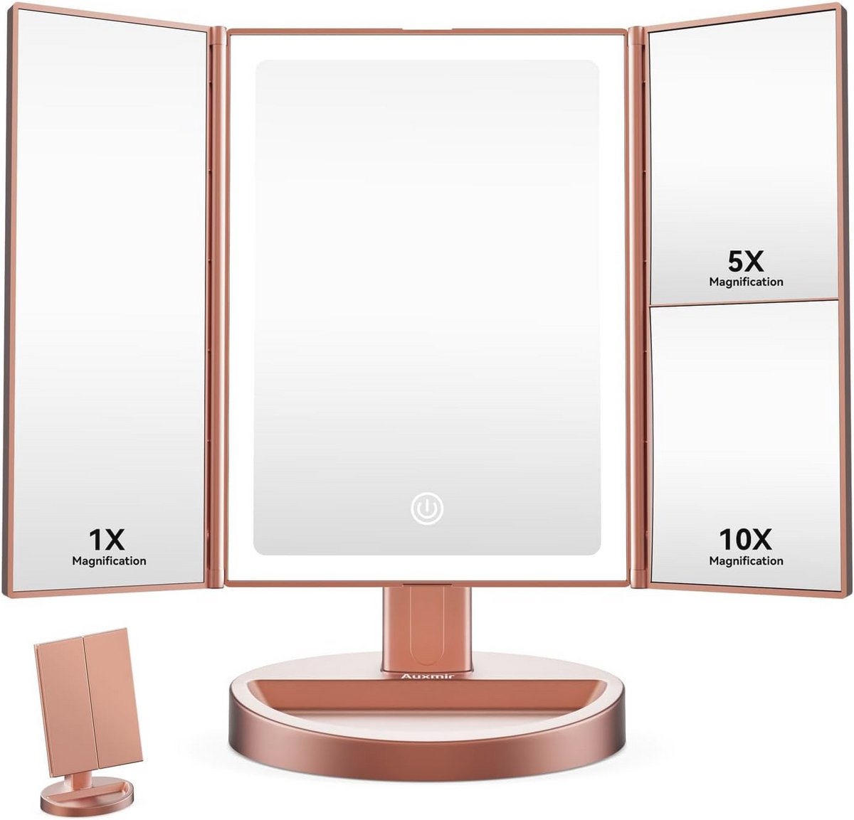 Oplaadbare Make-upspiegel met LED-verlichting en Driebladig Design, 10X/5X/1X Vergrotend, Touchscreen en Dimbare Verlichting - Draagbare Cosmetische Spiegel