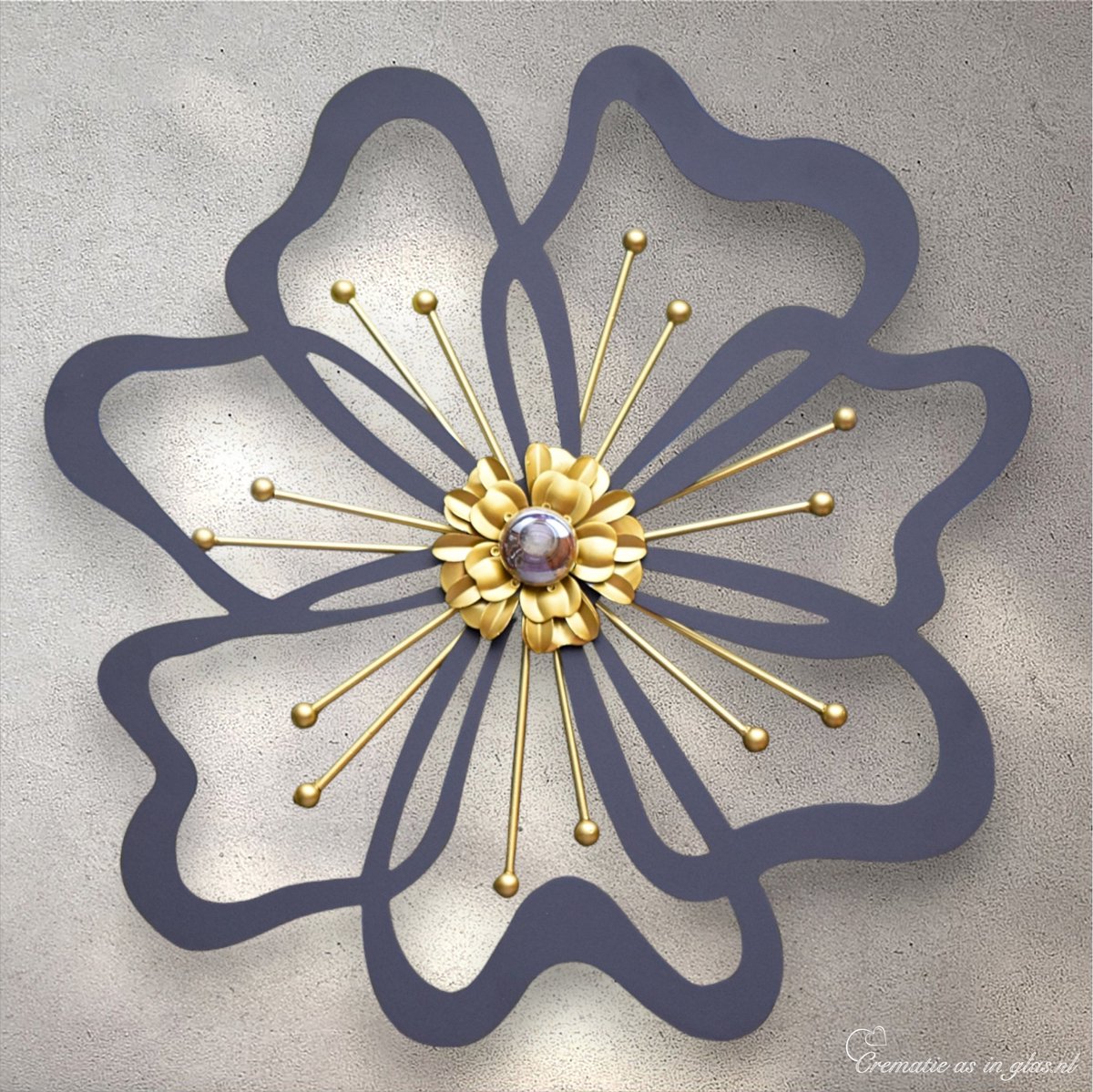 urn-crematie-as-in-glas-gesmolten-bloemkern-bloem-metaal-'Always the most beautiful flower'-handgemaakt