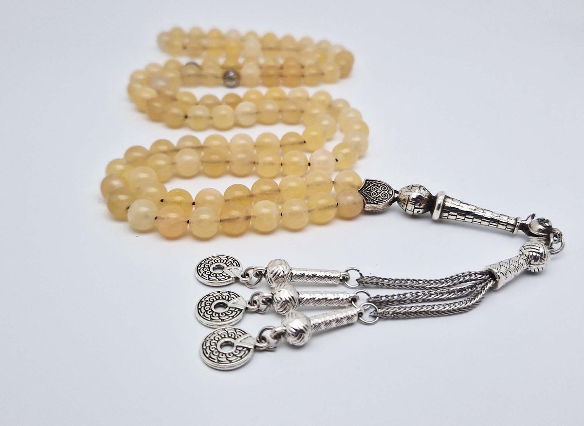 Handgemaakte tesbih "Tasbih" natuursteen " Calciet geel " - Aantal kralen 99 - Diameter kralen 8MM - met metaal tassel "Cirkels" - Een mooi cadeau-idee