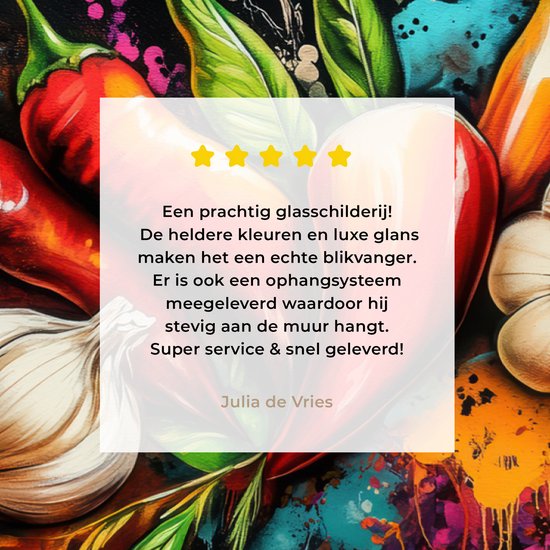 MuchoWow® Peinture sur verre 120x80 cm - Peinture acrylique sur verre - Légumes - Poivrons - Ail - Graffiti - Peinture - Coloré - Photo sur verre - Décoration murale salon - Décoration murale chambre - Peintures