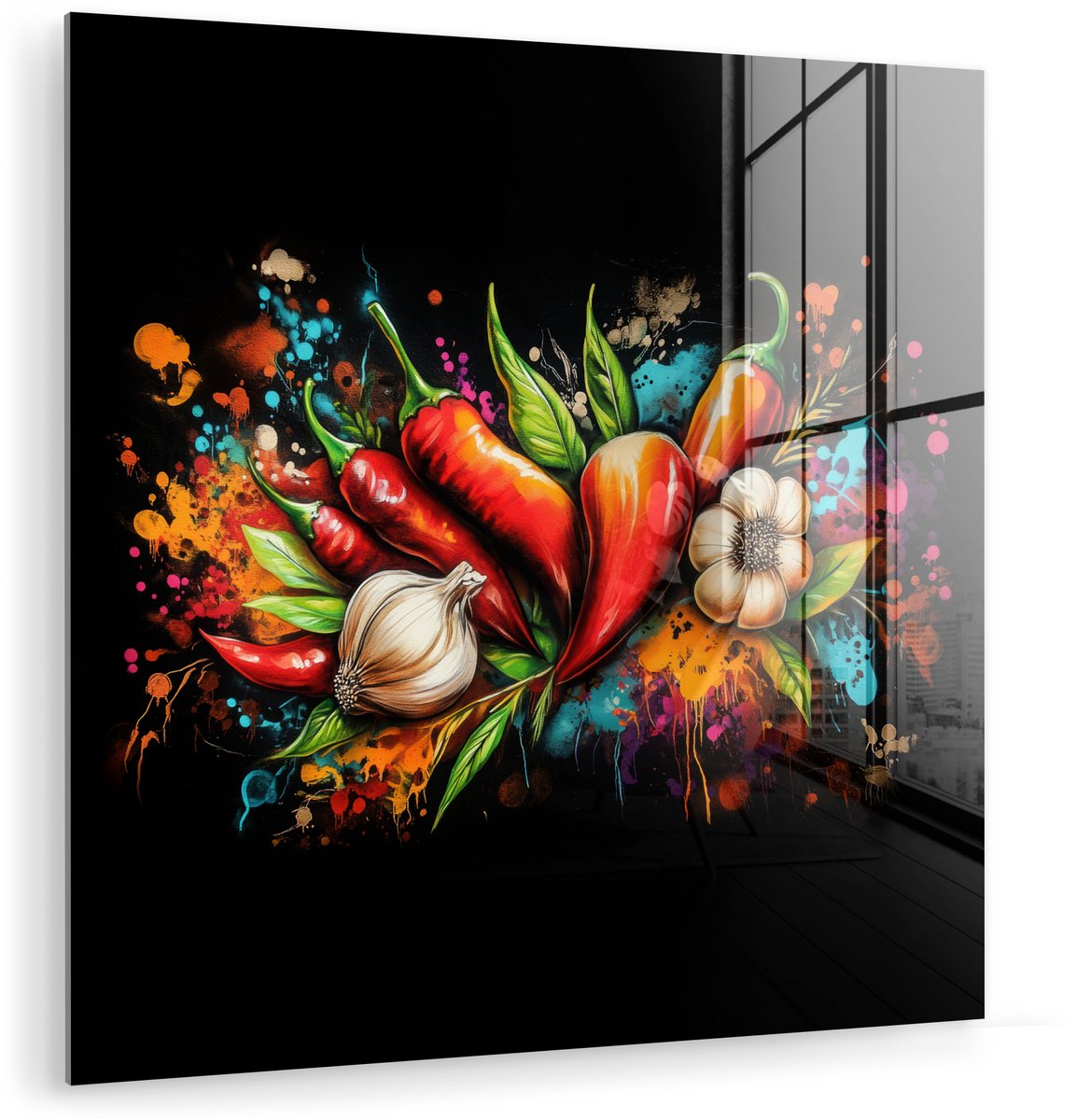 MuchoWow® Glasschilderij 50x50 cm - Schilderij acrylglas - Groente - Peper - Knoflook - Graffiti - Verf - Kleurrijk - Foto op glas - Muurdecoratie woonkamer - Wanddecoratie slaapkamer - Schilderijen