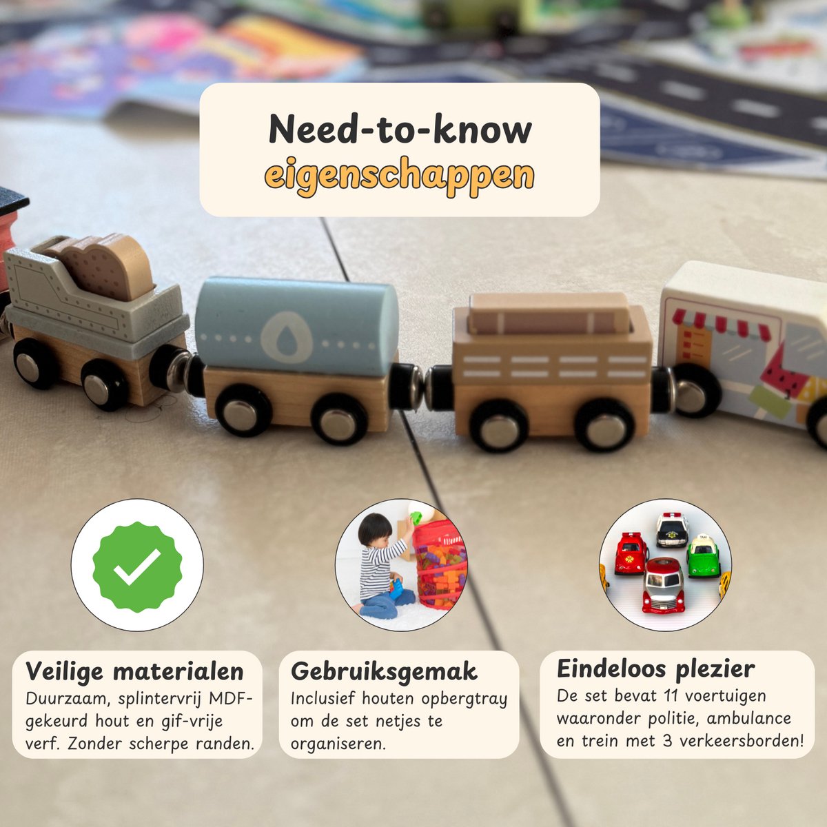 Maxx Kidz Houten Speelgoed Auto's, Trein en Speelkleed - Autokleed met 11 Voertuigen - Auto met Magneten - Educatief & Duurzaam Speelgoed - vanaf 2 jaar — afbeelding 3
