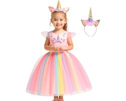 Joya Kids® Roze Eenhoorn Verkleed Jurk | Unicorn Jurk kostuum | Prinsessen jurk verkleedjurk + Haarband | Maat 116-122 (120) | cadeau meisje