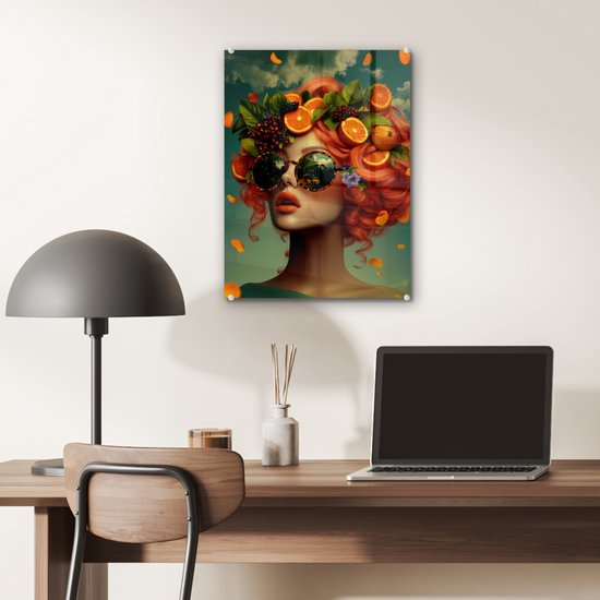 MuchoWow® Glasschilderij 30x40 cm - Schilderij acrylglas - Vrouw - Sinaasappel - Bessen - Oranje - Foto op glas - Muurdecoratie woonkamer - Wanddecoratie slaapkamer - Schilderijen