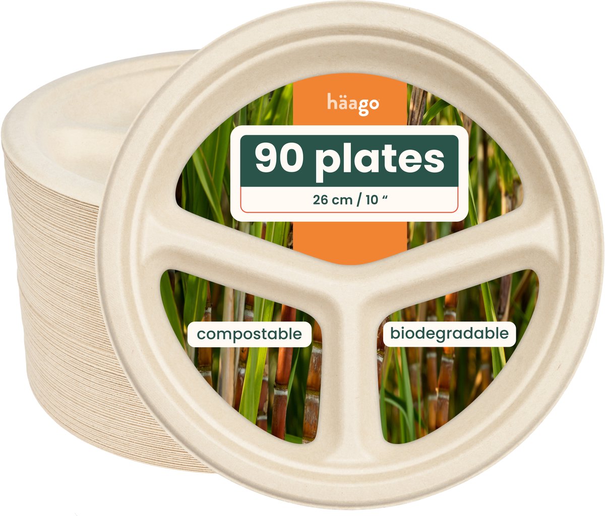 HAAGO - 90 10“ Heavy Duty Sugarcane Bagasse Biologisch afbreekbare kartonnen borden voor party's, milieuvriendelijk en thuis composteerbaar voor warm en koud eten - 26cm